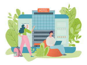 People Booking A Room In A Hotel Building Via The Internet With The Help Of An Online Service, Vector Illustration Flat Style.